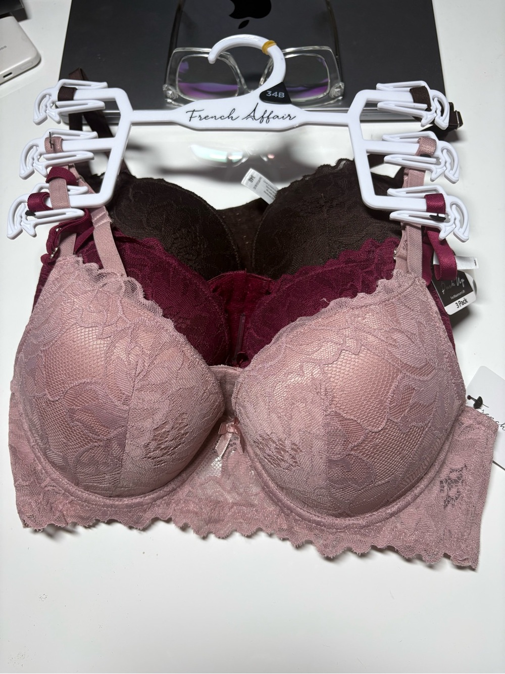 3x French Affair Lace Mega Push-Up Bra - Dusty Rose, Wine & Chocolate 34B NWT